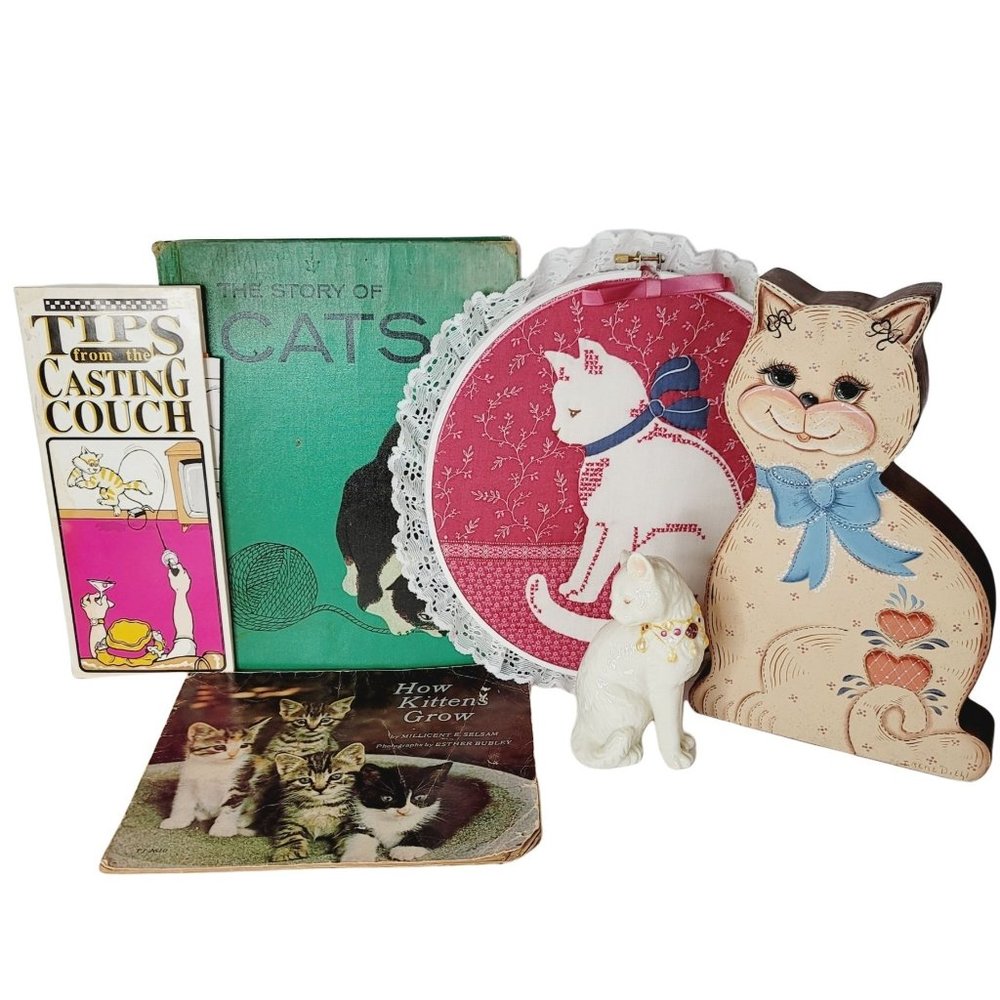 6 Piece VINTAGE Kitty Cat Themed Kitschy Home Decor & Book Curated Bundle